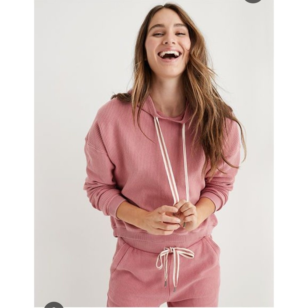 Aerie "New Love" Corded Cropped Hoodie Sz L Ribbed Rose‎ Blush
